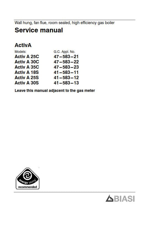 BIASI ACTIVA 25C 30C 35C 18S 25S 30S SERVICE MANUAL REPRINTED COMB BOUND