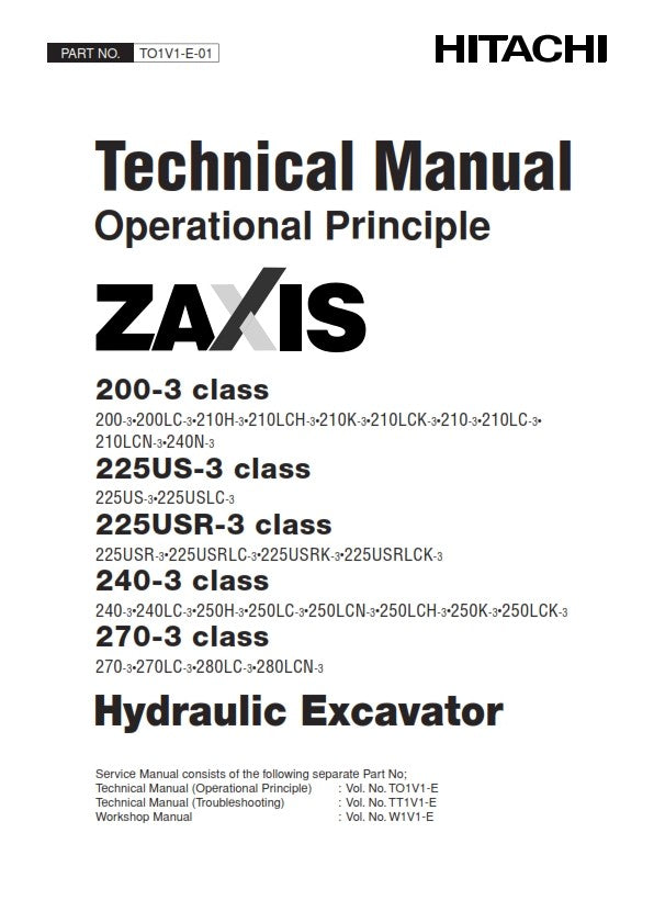 HITACHI ZAXIS 200-3 225US-3 225USR-3 240-3 270-3 TECHNICAL MANUAL REPRINTED 2006