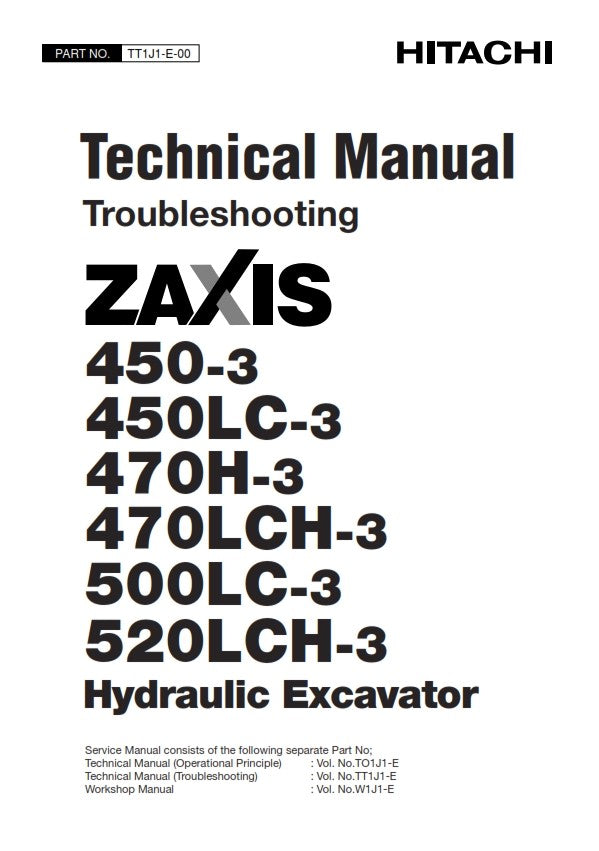 HITACHI ZAXIS 450-3 450LC-3 470H-3 470LCH-3 500LC-3 520LCH-3 TECH MANUAL REPRINT