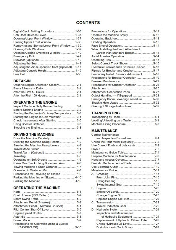 HITACHI ZAXIS 70 70LC 80SB 80SBLC 85US EXCAVATOR OPERATOR MANUAL REPRINTED