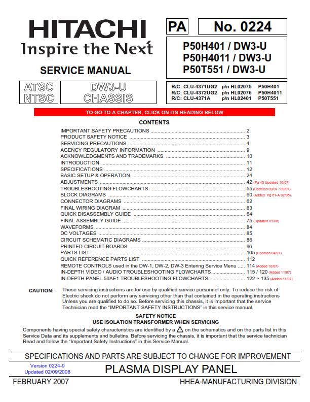 HITACHI P50H401 P50T501 P50H4011 PLASMA DISPLAY PANEL SERVICE MANUAL REPRINTED
