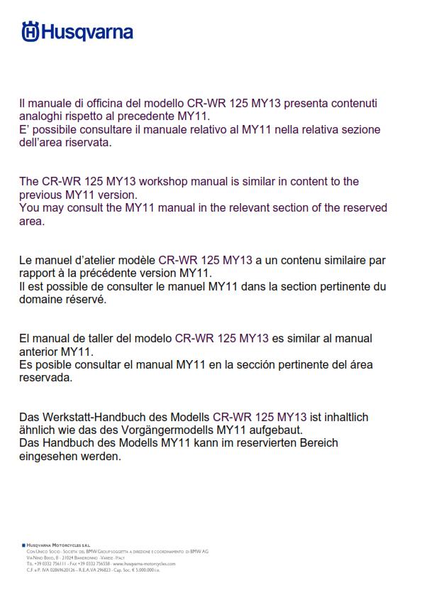 HUSQVARNA CR 125 WR 125 2011 - 2013 REPAIR WORKSHOP SERVICE MANUAL REPRINTED