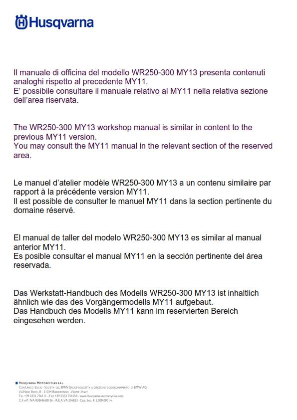 HUSQVARNA WR 250 300 2011 - 2013 REPAIR WORKSHOP SERVICE MANUAL REPRINTED
