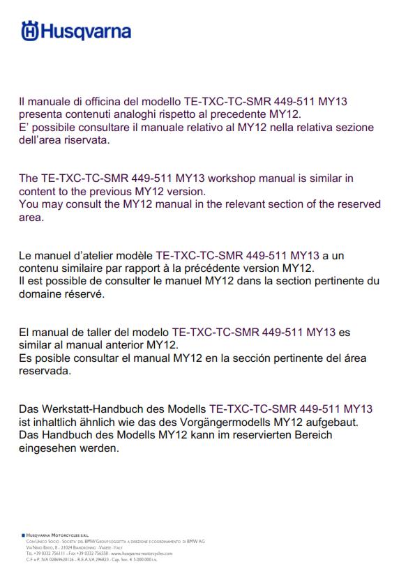 HUSQVARNA TC TE TXC SMR 449 511 2011 - 2013 REPAIR WORKSHOP SERVICE MANUAL