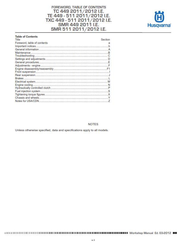 HUSQVARNA TC TE TXC SMR 449 511 2011 - 2013 REPAIR WORKSHOP SERVICE MANUAL
