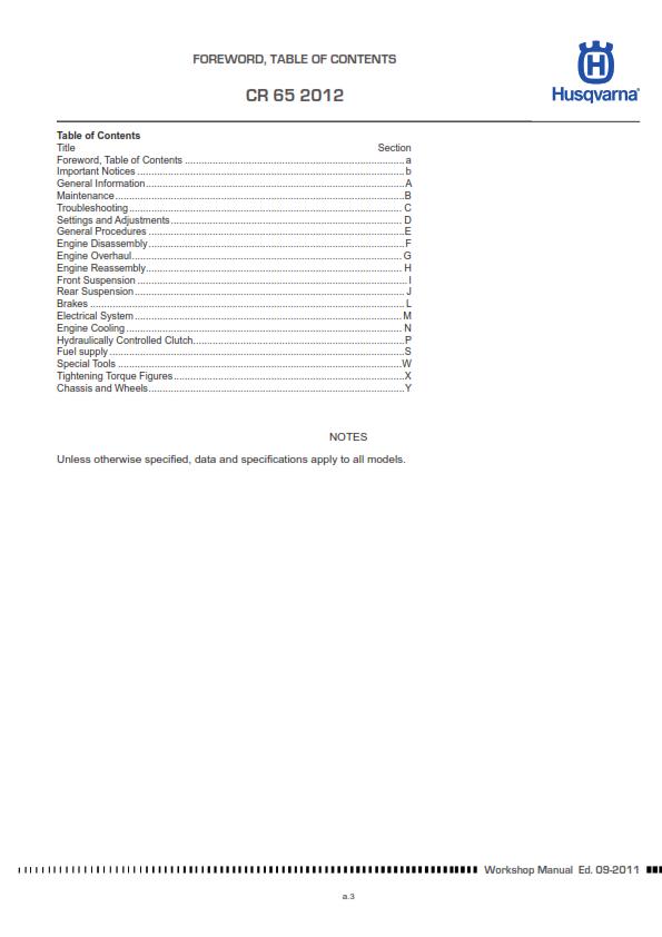 HUSQVARNA CR65 CR 65 2012 REPAIR WORKSHOP SERVICE MANUAL REPRINTED COMB BOUND