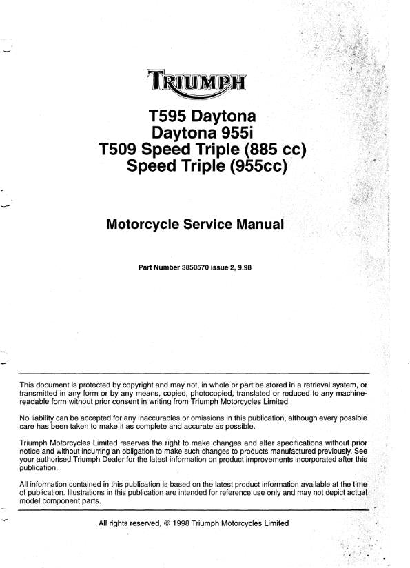 TRIUMPH T595 DAYTONA 955I T509 SPEED TRIPLE 1998 SERVICE WORKSHOP MANUAL REPRINT