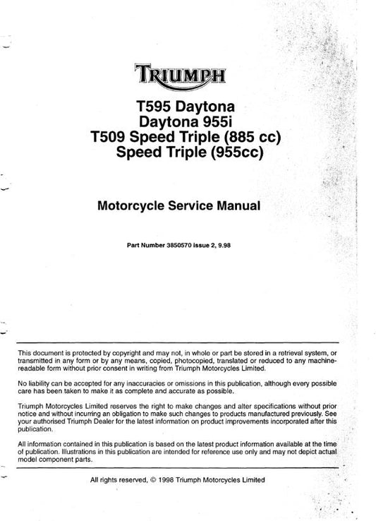 TRIUMPH T595 DAYTONA 955I T509 SPEED TRIPLE 1998 SERVICE WORKSHOP MANUAL REPRINT