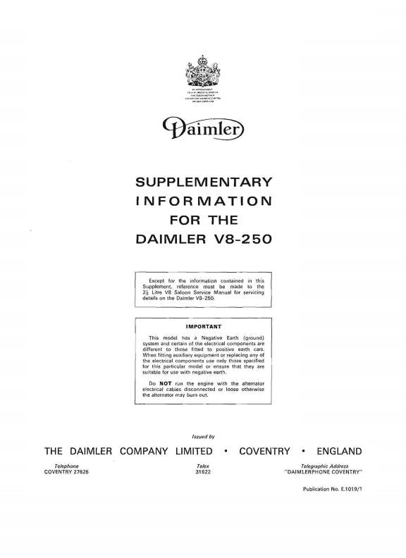 DAIMLER 2.5L V8 SALOON 1962 - 1969 SERVICE WORKSHOP REPAIR MANUAL REPRINTED