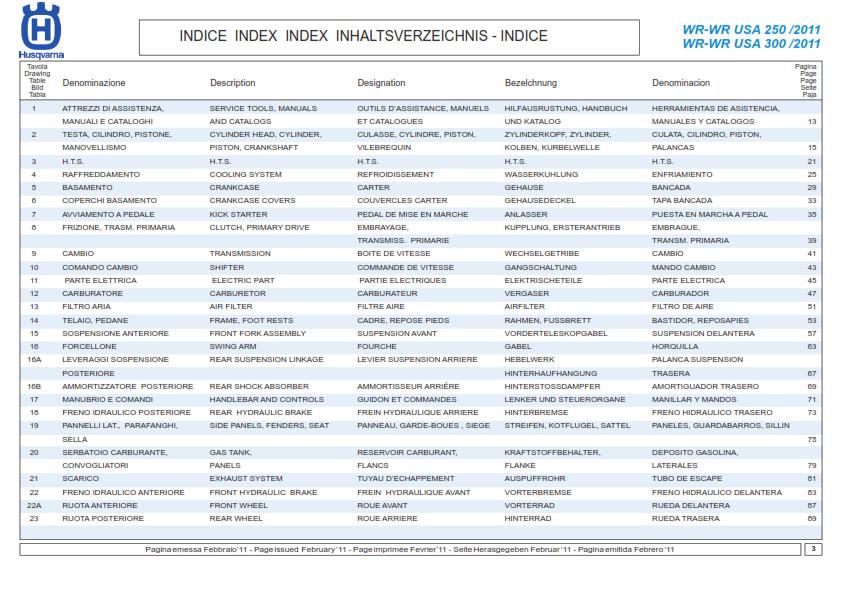 HUSQVARNA WR 250 300 PARTS MANUAL 2011 REPRINTED COMB BOUND