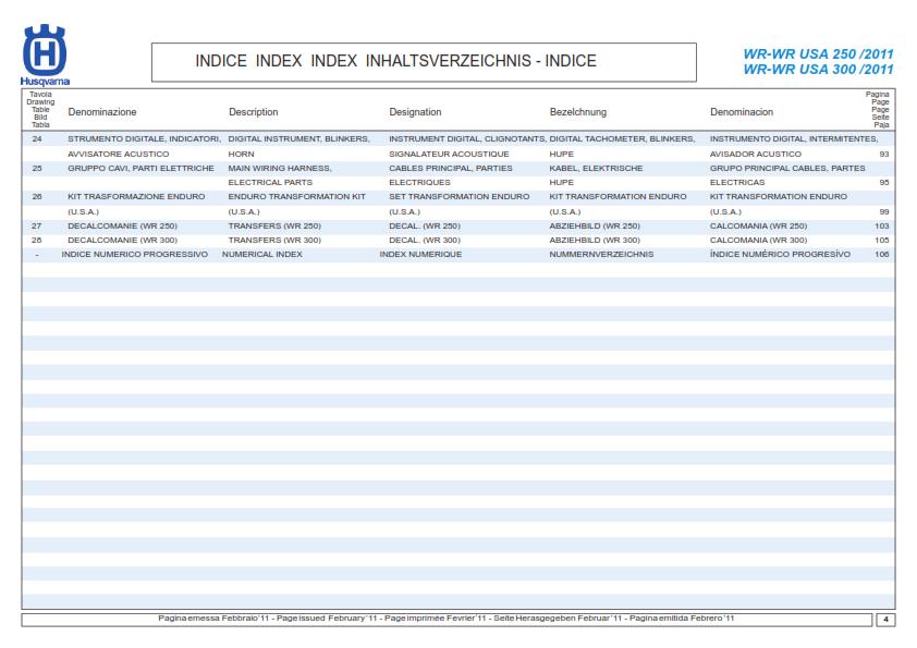 HUSQVARNA WR 250 300 PARTS MANUAL 2011 REPRINTED COMB BOUND