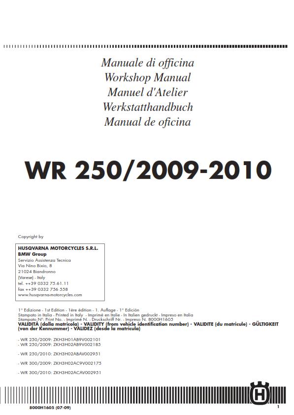 HUSQVARNA WR 250 2009 - 2010 REPAIR WORKSHOP SERVICE MANUAL REPRINTED COMB BOUND