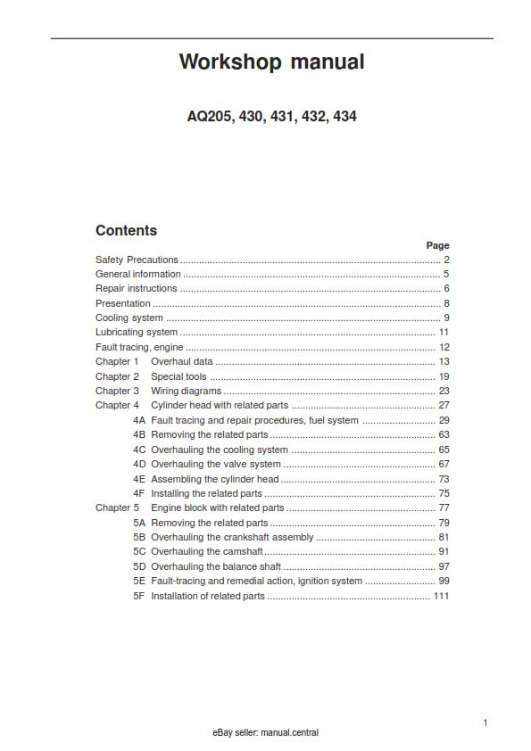 VOLVO PENTA AQ205 430 431 432 434 WORKSHOP SERVICE MANUAL REPRINTED 10-2000