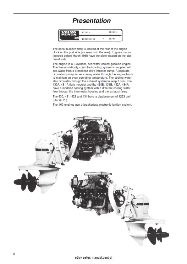 VOLVO PENTA AQ205 430 431 432 434 WORKSHOP SERVICE MANUAL REPRINTED 10-2000