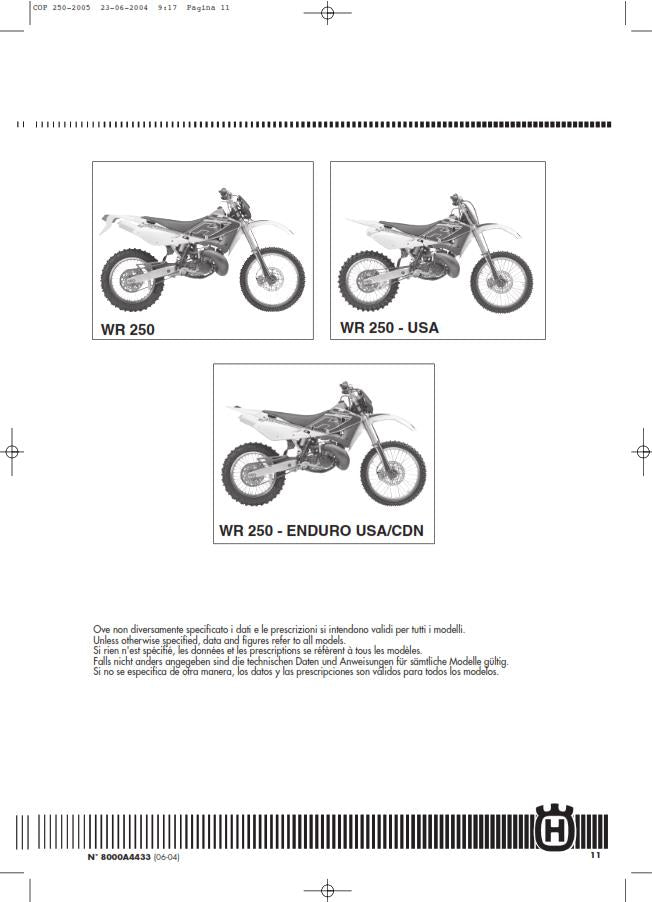 HUSQVARNA WR 250 2005 REPAIR WORKSHOP SERVICE MANUAL REPRINTED COMB BOUND