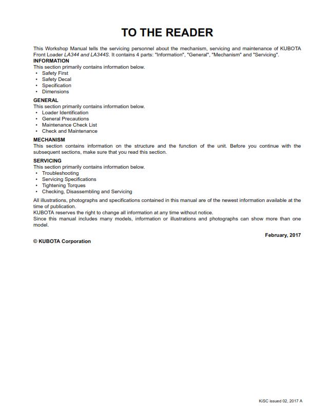 KUBOTA FRONT LOADER LA344 LA344S WORKSHOP SERVICE MANUAL REPRINTED COMB BOUND