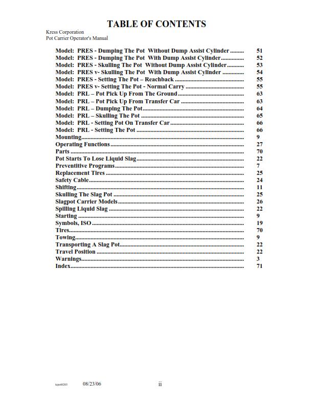 KRESS SLAG-AWAY SLAG POT CARRIER OPERATOR MANUAL REPRINTED 2006 EDITION