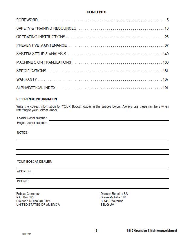 BOBCAT S185 SKID STEER LOADER OPERATION MAINTENANCE MANUAL REPRINTED COMB BOUND