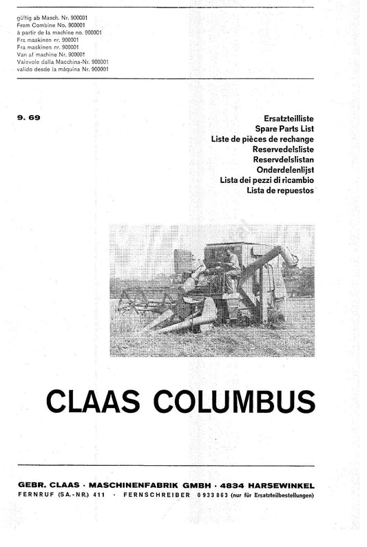 CLAAS COLUMBUS SPARE PARTS LIST MANUAL FROM COMBINE 900001 PRINTED COMB BOUND
