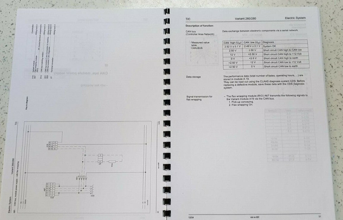 CLAAS VARIANT 260 280 TECHNICAL & ELECTRIC SYSTEMS MANUAL PRINTED COMB BOUND