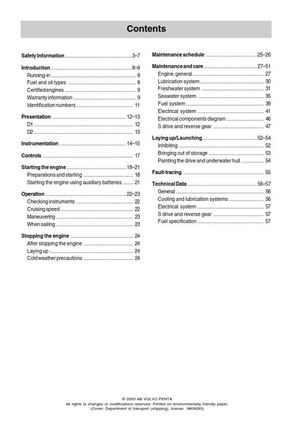 VOLVO PENTA D1-13 D1-20-D1-30 D2-40  OPERATOR MANUAL REPRINTED COMB BOUND 2007