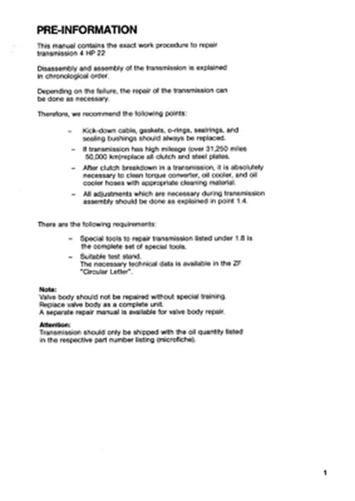 ZF 4 HP 22 TRANSMISSION WORKSHOP SERVICE REPAIR MANUAL REPRINTED COMB BOUND