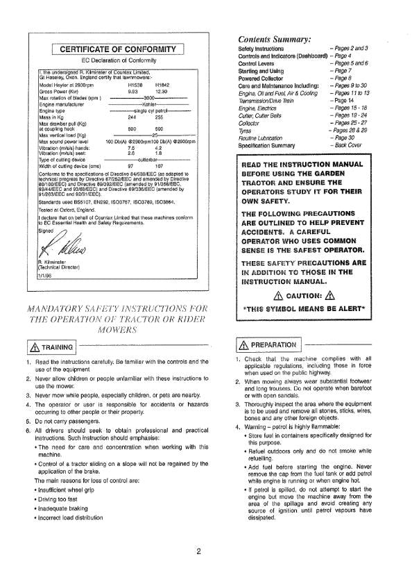HAYTER H-SERIES GARDEN TRACTOR H1538 H1842 OPERATOR MANUAL REPRINTED COMB BOUND