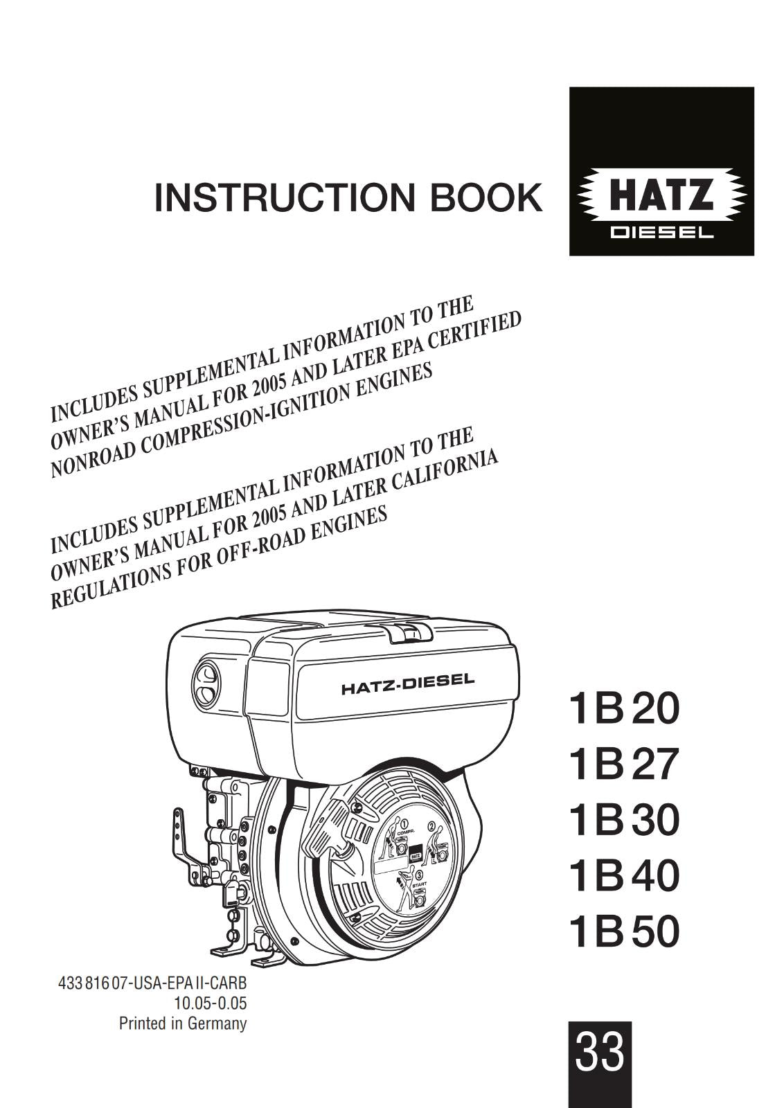 HATZ DIESEL ENGINE 1B 20 27 30 40 50 INSTRUCTION BOOK REPRINT COMB BOUND