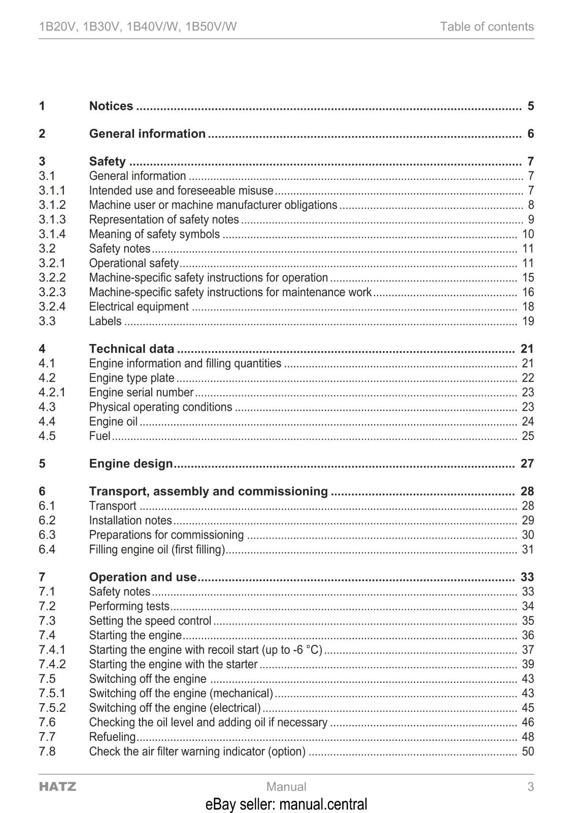 HATZ DIESEL ENGINE 1B 20V 30V 40V/W 50V/W COMMISSIONING OPERATING MAINTENANCE