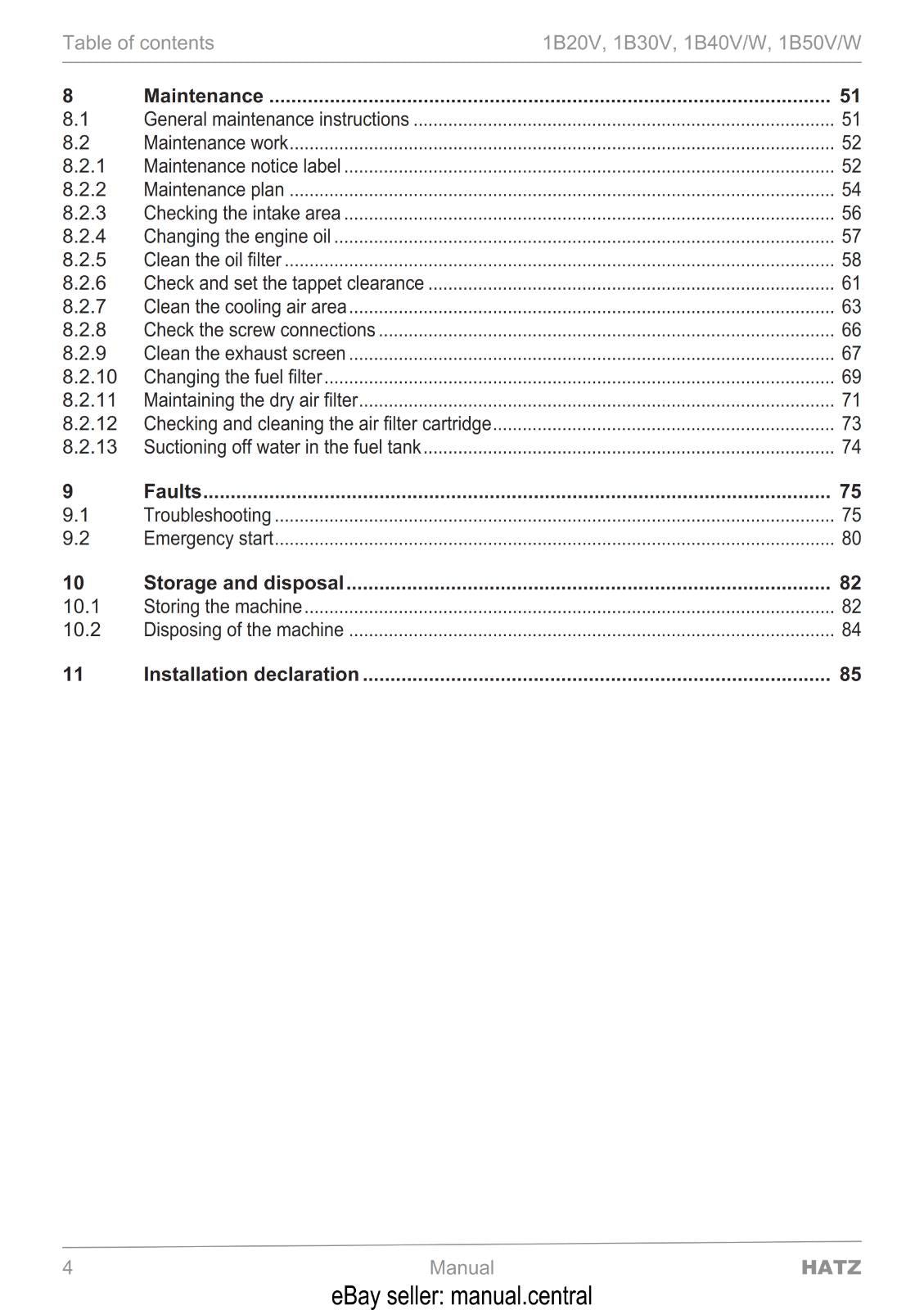 HATZ DIESEL ENGINE 1B 20V 30V 40V/W 50V/W COMMISSIONING OPERATING MAINTENANCE