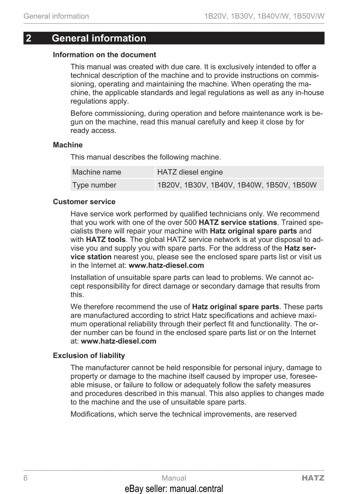 HATZ DIESEL ENGINE 1B 20V 30V 40V/W 50V/W COMMISSIONING OPERATING MAINTENANCE
