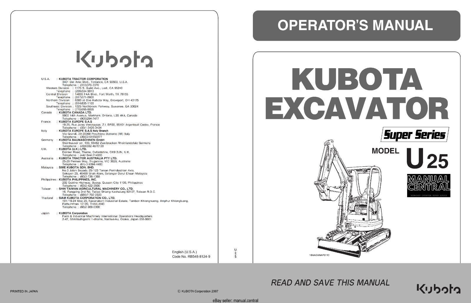 KUBOTA EXCAVATOR U25 OPERATOR MANUAL REPRINTED COMB BOUND 2007