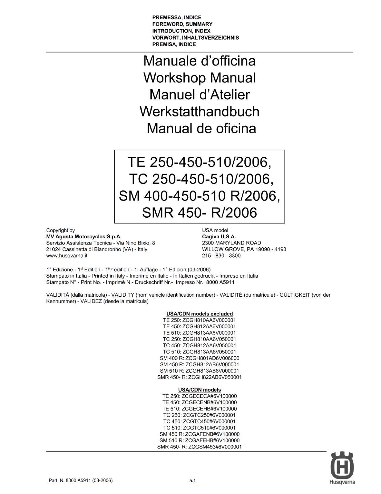 HUSQVARNA TE TC SM SMR 250 450 510 2006 WORKSHOP SERVICE MANUAL 5 LANGUAGES