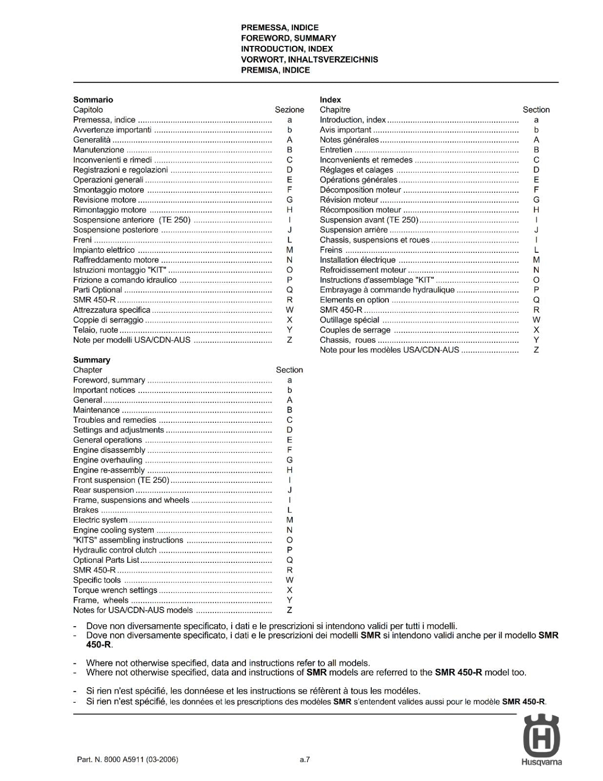 HUSQVARNA TE TC SM SMR 250 450 510 2006 WORKSHOP SERVICE MANUAL 5 LANGUAGES