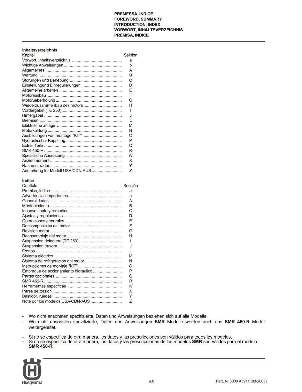 HUSQVARNA TE TC SM SMR 250 450 510 2006 WORKSHOP SERVICE MANUAL 5 LANGUAGES