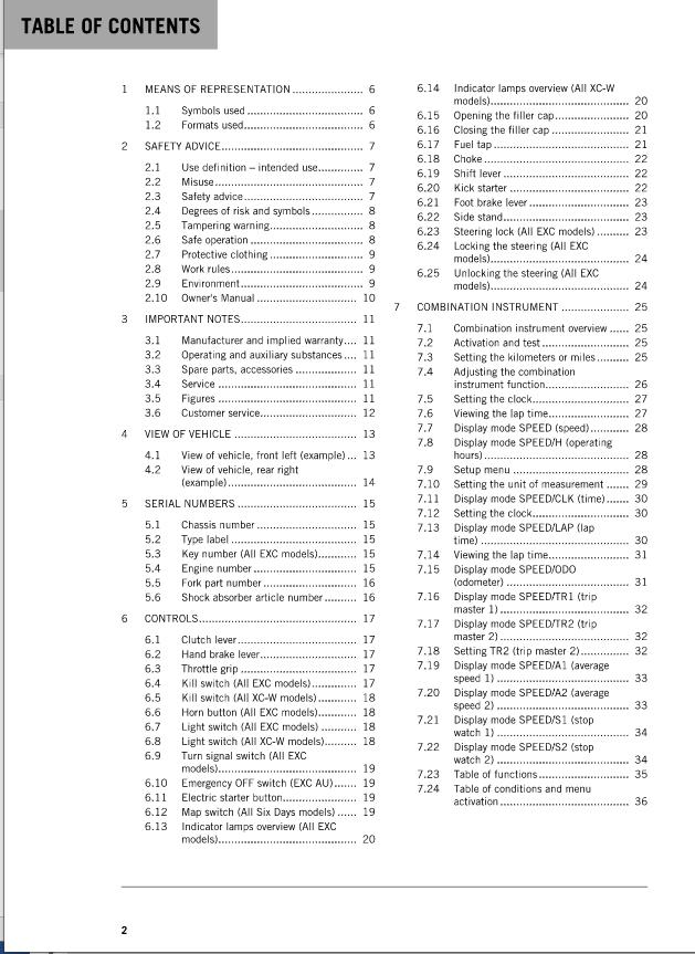 KTM 2018 - 250 300 EXC XC-W SIX DAYS - OWNERS MANUAL REPRINTED