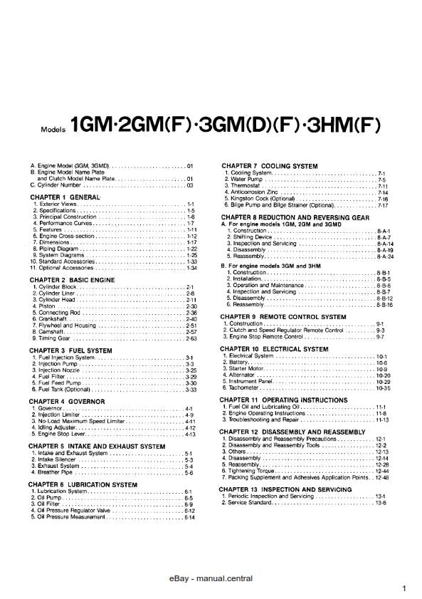 YANMAR 1GM 2GM 3GM 3HM MARINE DIESEL ENGINE SERVICE MANUAL REPRINTED