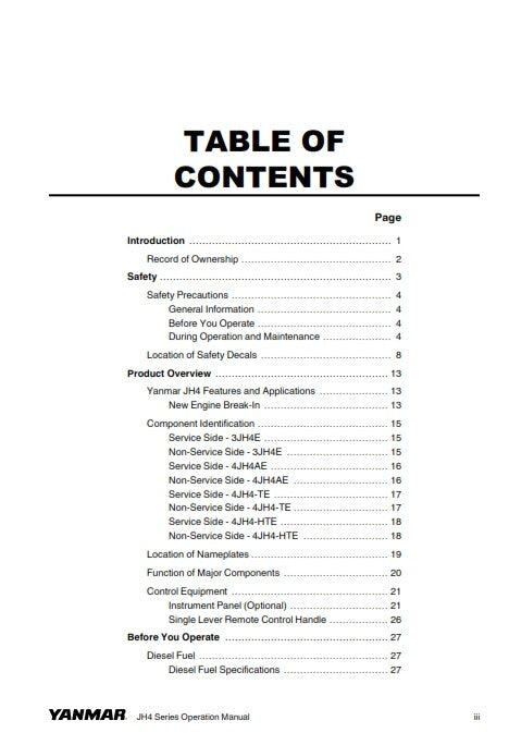 YANMAR 3JH4E 4JH4AE 4JH4-TE 4JH4-HTE OWNERS OPERATION MANUAL REPRINTED