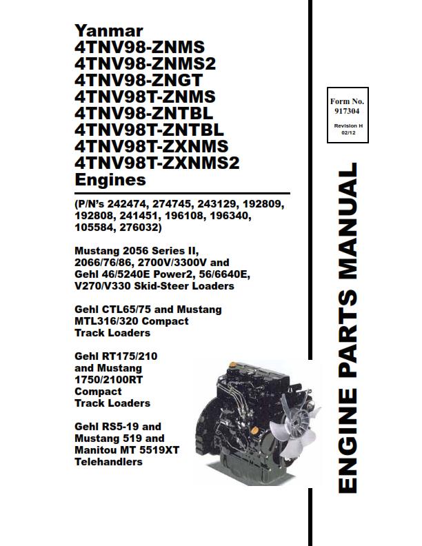 YANMAR 4TNV98 4TNV98T ENGINES PARTS MANUAL REPRINTED