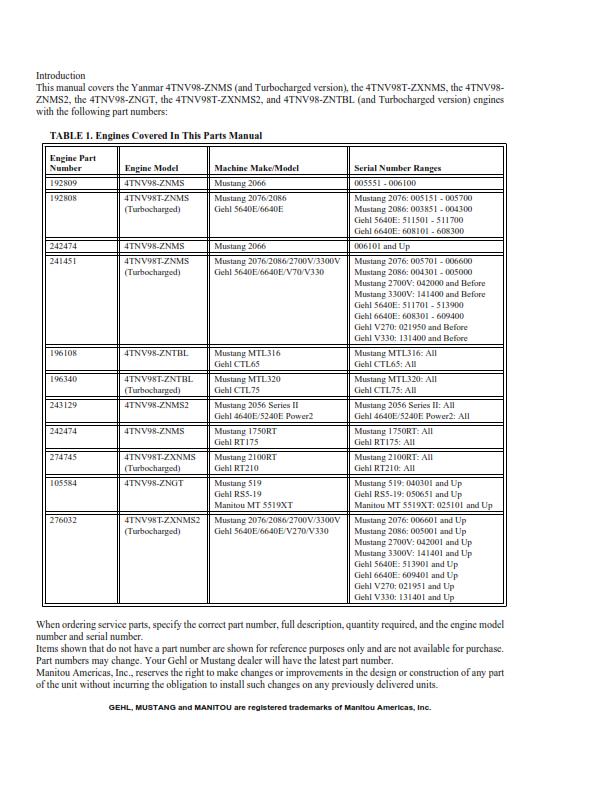 YANMAR 4TNV98 4TNV98T ENGINES PARTS MANUAL REPRINTED