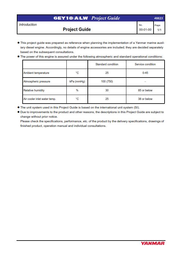 YANMAR PROJECT GUIDE 6EY18 SERIES MARINE AUXILIARY DIESEL ENGINE REPRINTED