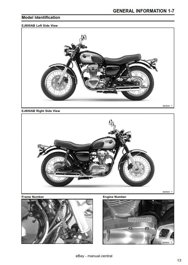 KAWASAKI MOTORCYCLE W800 EJ800AB EJ800AC SERVICE MANUAL 2011 TO 2012 MODELS
