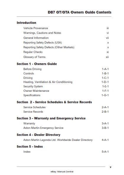 ASTON MARTIN DB7 GT GTA USER GUIDE OWNERS MANUAL ROW 03 REPRINTED A4 COMB BOUND