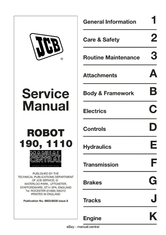 JCB ROBOT 190 1110 SERVICE WORKSHOP REPAIR  MANUAL9803/8530 ISSUE 8 2004