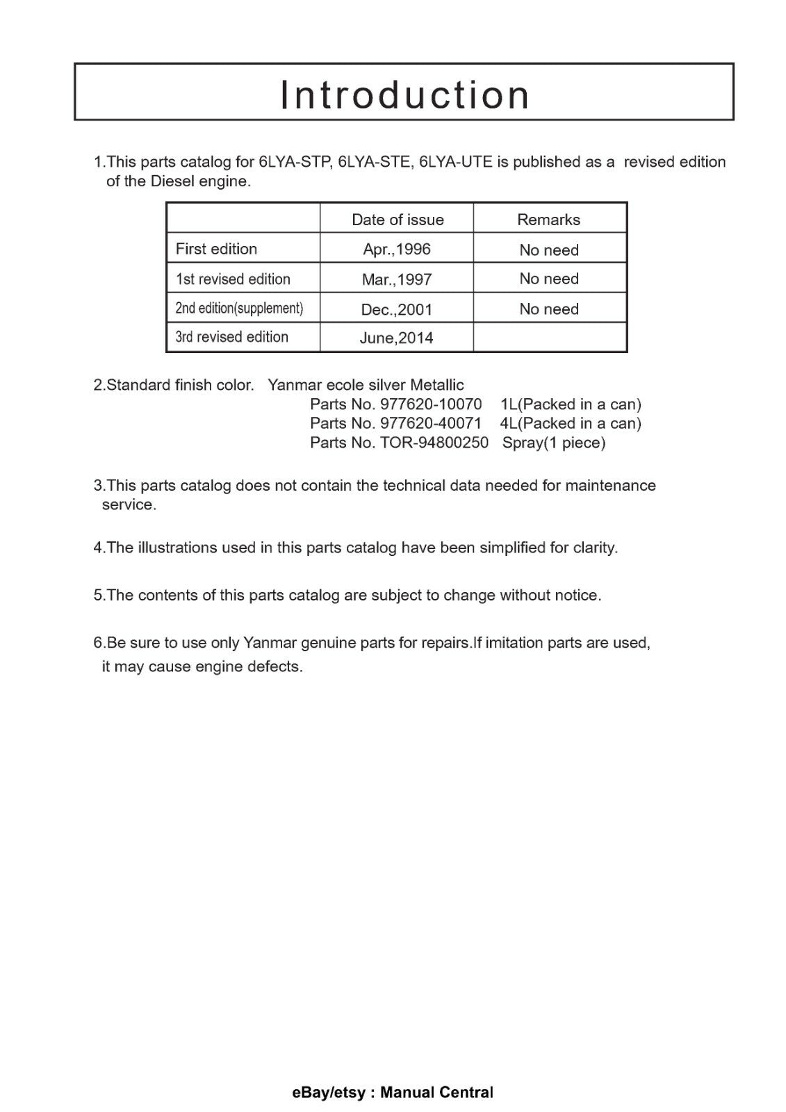 YANMAR 6LYA-STP 6LYA-STE 6LYA-UTE PARTS MANUAL 2014 UPDATED REVISED EDITION