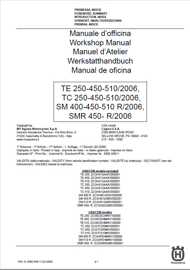HUSQVARNA TE TC SM SMR 250 400 450 510 2006 REPAIR WORKSHOP SERVICE MANUAL