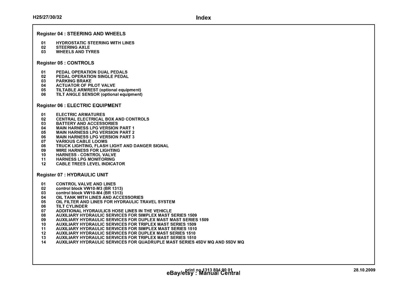 LINDE FORK LIFT TRUCK H25 27 30 32 SPARE PARTS MANUAL REPRINTED FROM 12/2009