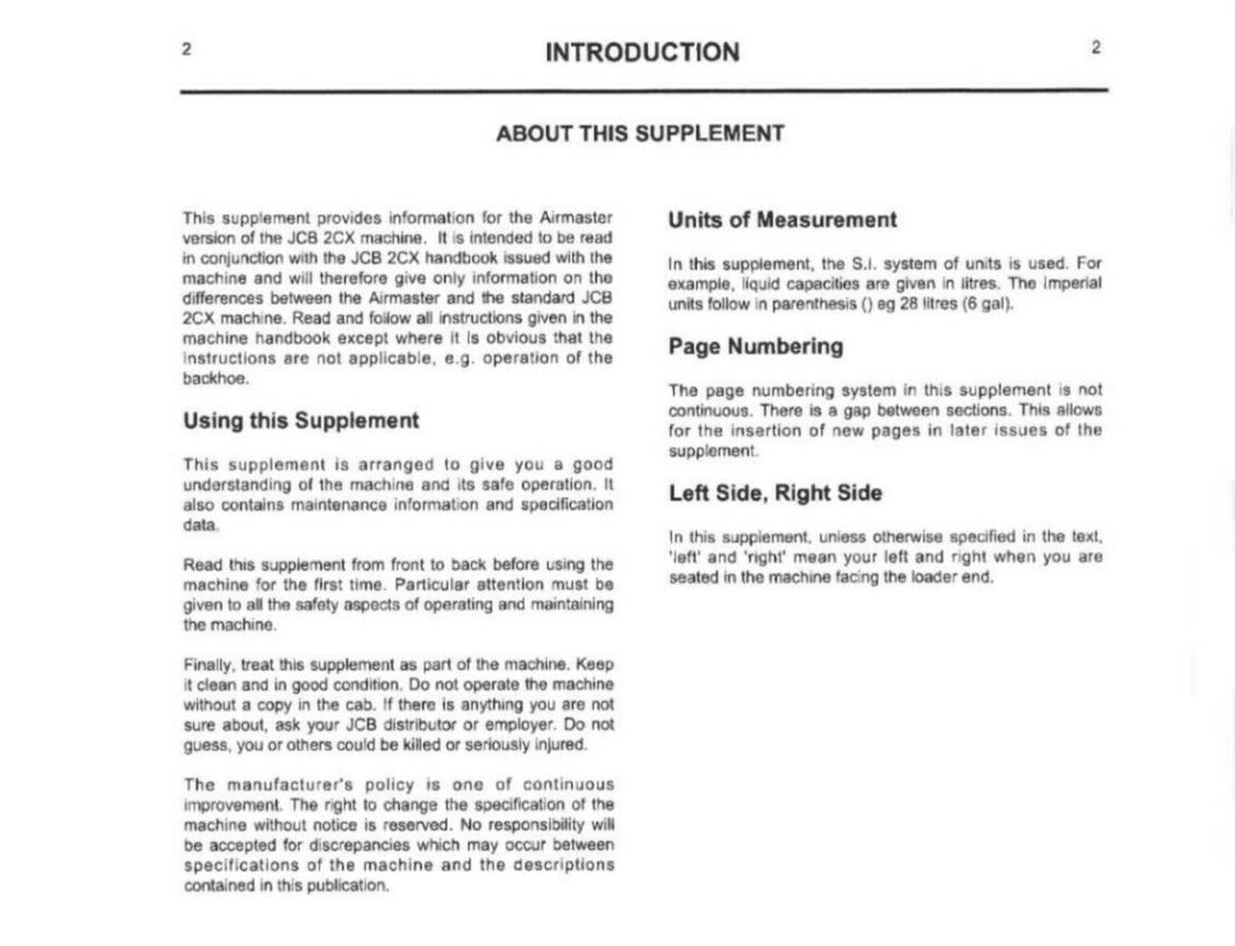 JCB 2CX AIRMASTER SUPPLEMENT OPERATOR MANUAL REPRINTED COMB BOUND