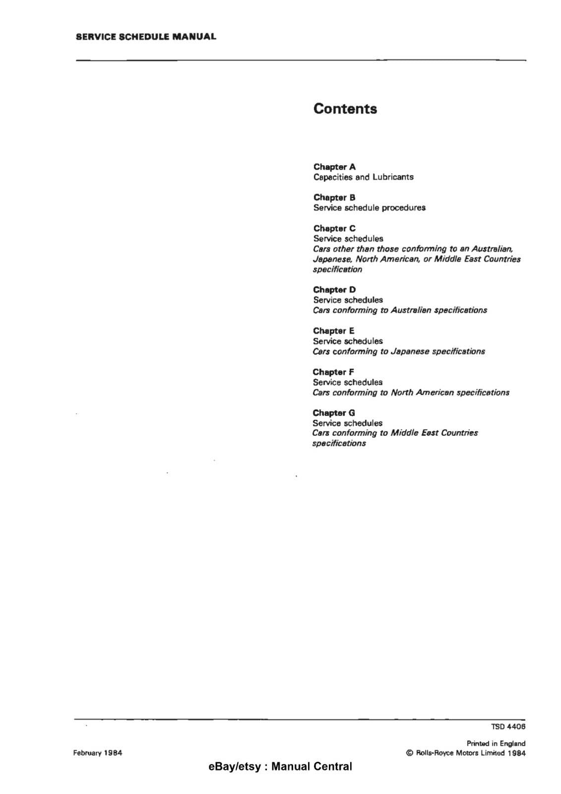 ROLLS ROYCE SILVER SPIRIT SPUR CAMARGUE CORNICHE SERVICE SCHEDULE 80-86 TSD4406