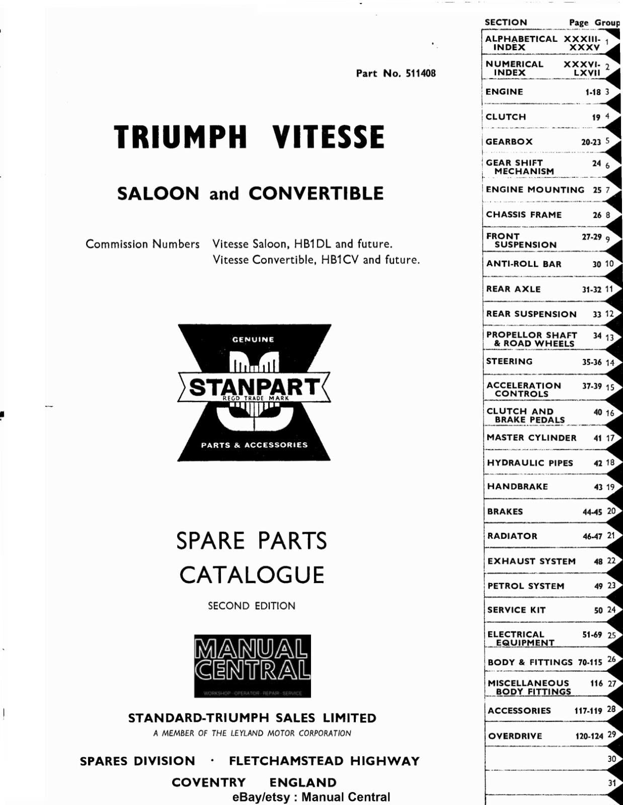 TRIUMPH VITESSE SALOON & CONVERTIBLE PARTS MANUAL REPRINT